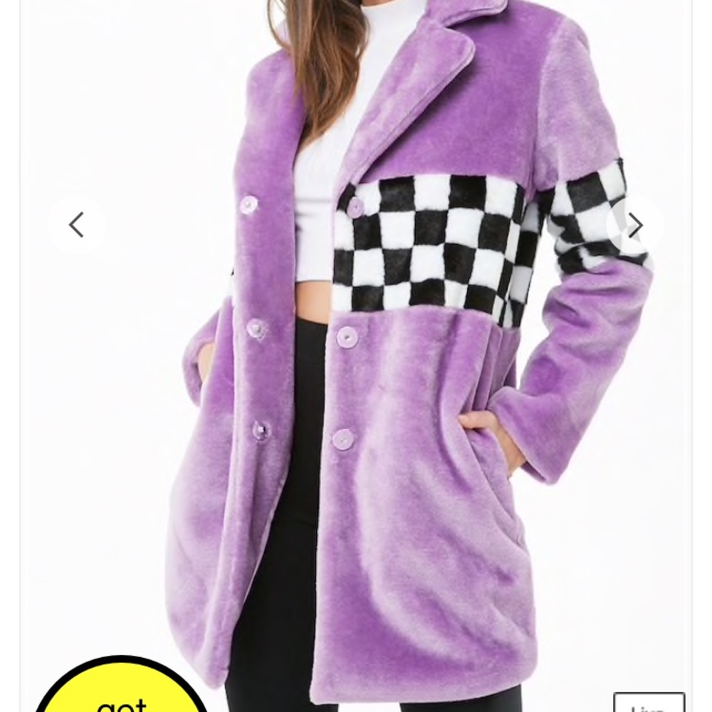 Purple Checkered Faux Fur Coat - Women Jackets & Coats